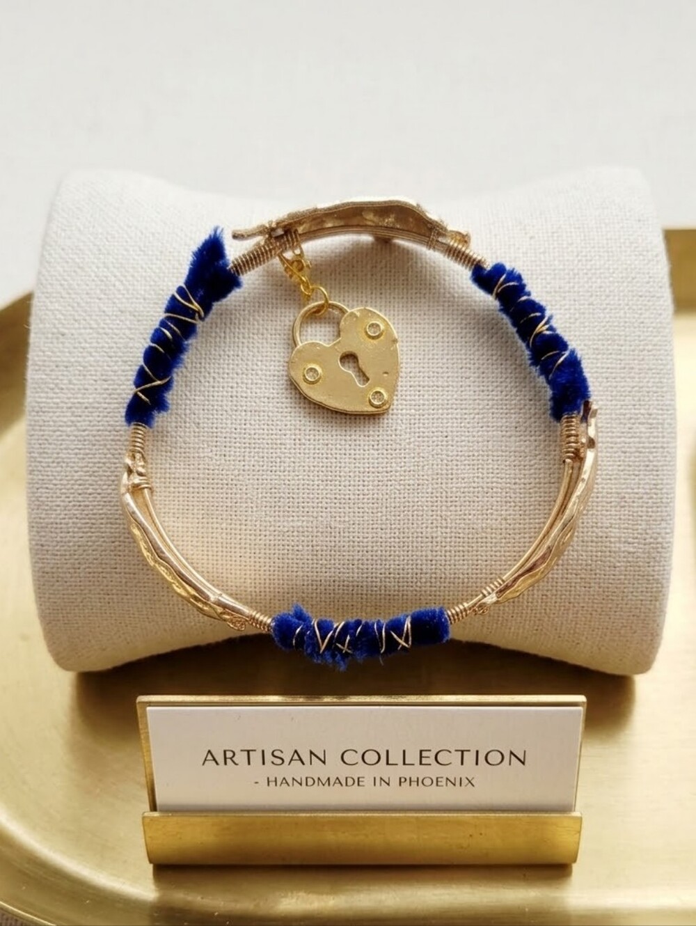 🌙Artisan Gold Tone Charm Fabric Brutalist Design Upcycle Bracelet